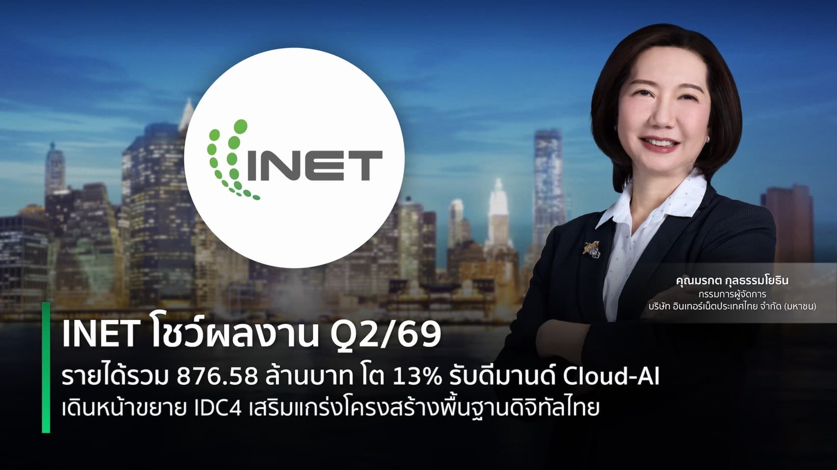 INET โชว์ผลงาน Q2/69 รายได้รวม 876.58 ล้านบาท โต 13% รับดีมานด์ Cloud-AI เดินหน้าขยาย IDC4 เสริมแกร่งโครงสร้างพื้นฐานดิจิทัลไทย